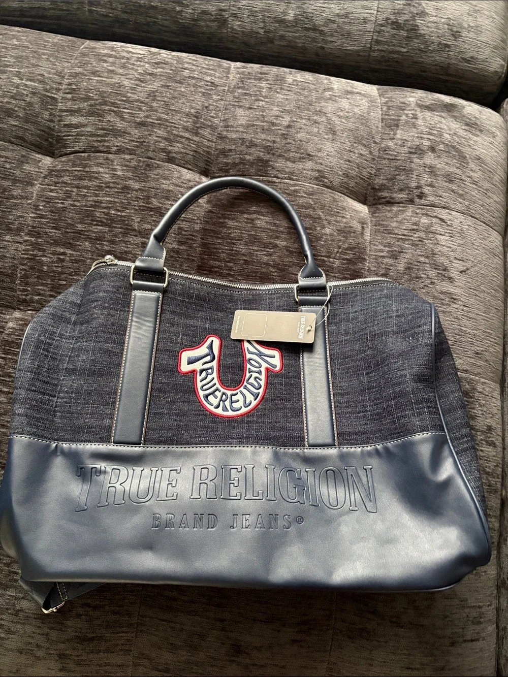 True Religion Navy Denim & Navy Leather Duffel Bag with Red Patch